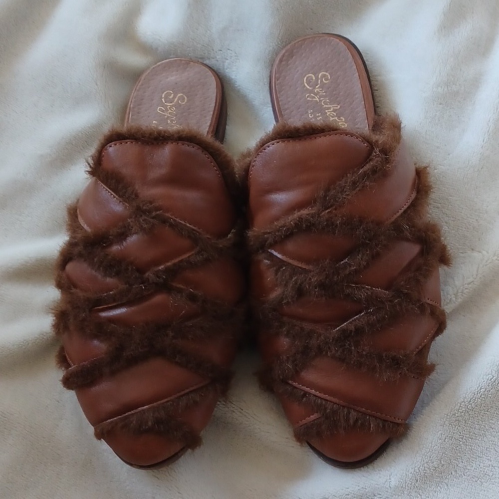 Seychelles Anthropologie Survival Cozy Mule, brown, furry, soft, sz 6